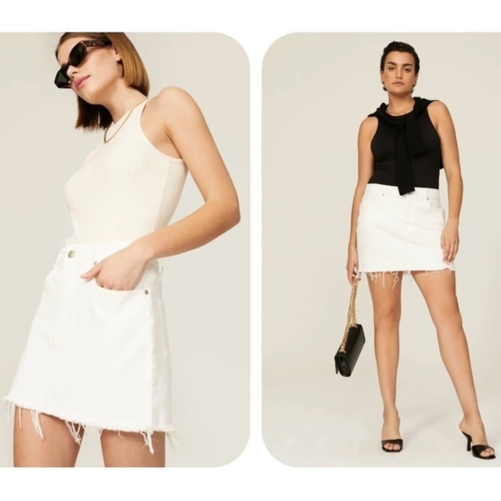 NEW Good American Good Waist White Mini Denim Skirt 14 Raw Hem Cotton Stretch